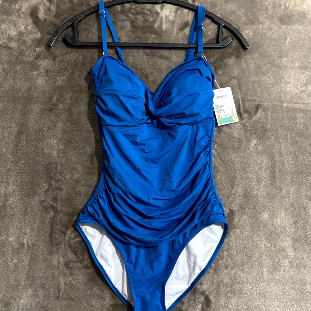 B2PRITY Ruched Swimsuit One Piece Womens Small Blue‎ Built In Bra Strappy Sleeve